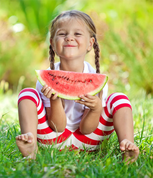 Little girl eating Watermelon! Red!